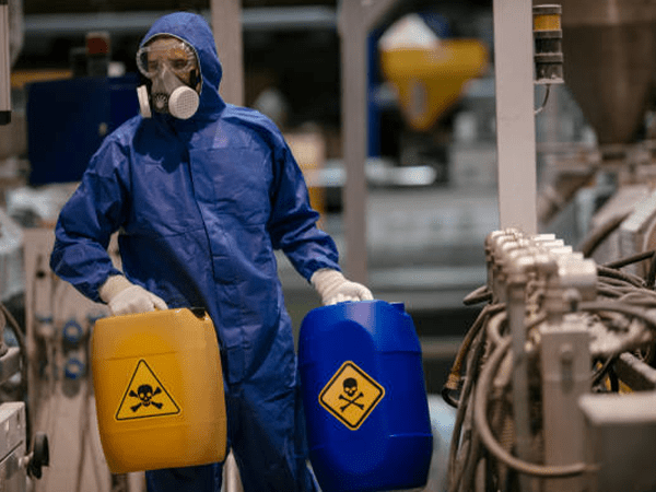worker removing dangerous chemicals