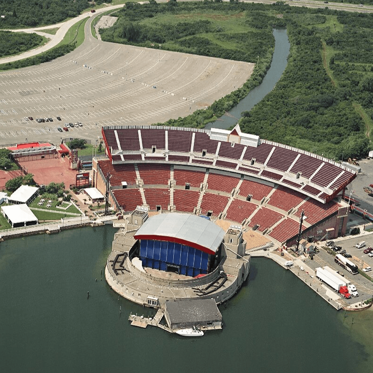 Birds eye view of entire stadium and parking lot